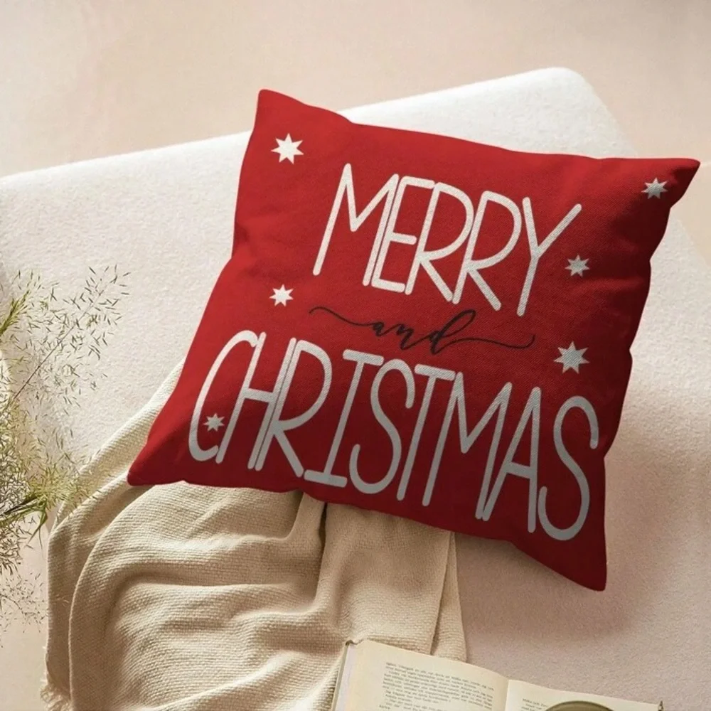 NWT- Set of 4- Red & Cream- Merry Christmas, Linen Pillow Covers Set 18x18